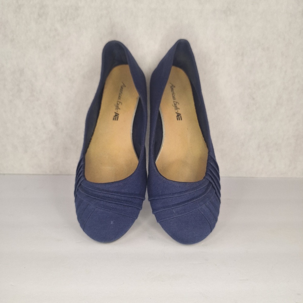 American Eagle Navy Blue Pleated Fabric Ballet Flats Womens Size 8 Round Toe